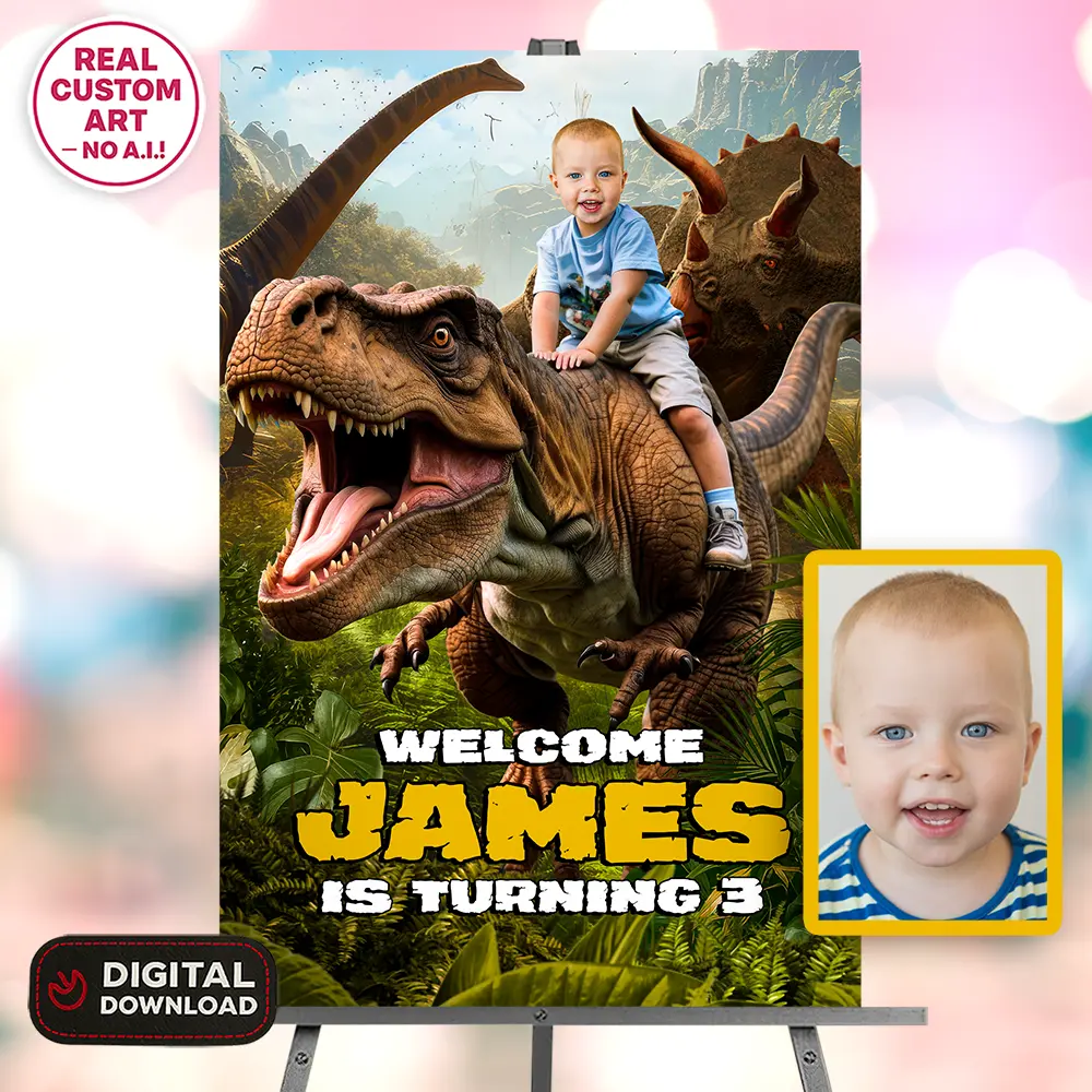 Personalized Dinosaur T-Rex Welcome Sign – Custom Dino Theme Party Decoration – Delivered in 24h – Digital File 1 Personalized Dinosaur T-Rex Welcome Sign – Custom Dino Theme Party Decoration – Delivered in 24h – Digital File