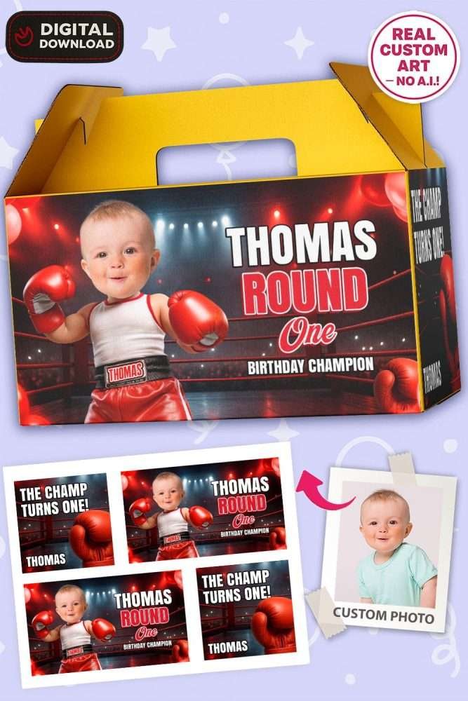 Personalized Boxing Birthday Labels – Baby Boxer Theme Digital Sticker Set for Gable Boxes – Delivered in 24h – Digital File 1 Baby Boxer Digital Sticker Set for Gable Boxes – Baby Boxer Theme Digital Sticker Set for Gable Boxes