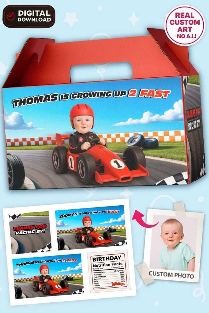 Growing Two Fast Birthday Party Bundle – Personalized Race Car Theme Digital Design Pack – Made to Order File 8 Growing Up Two Fast Digital Sticker Set for Gable Boxes