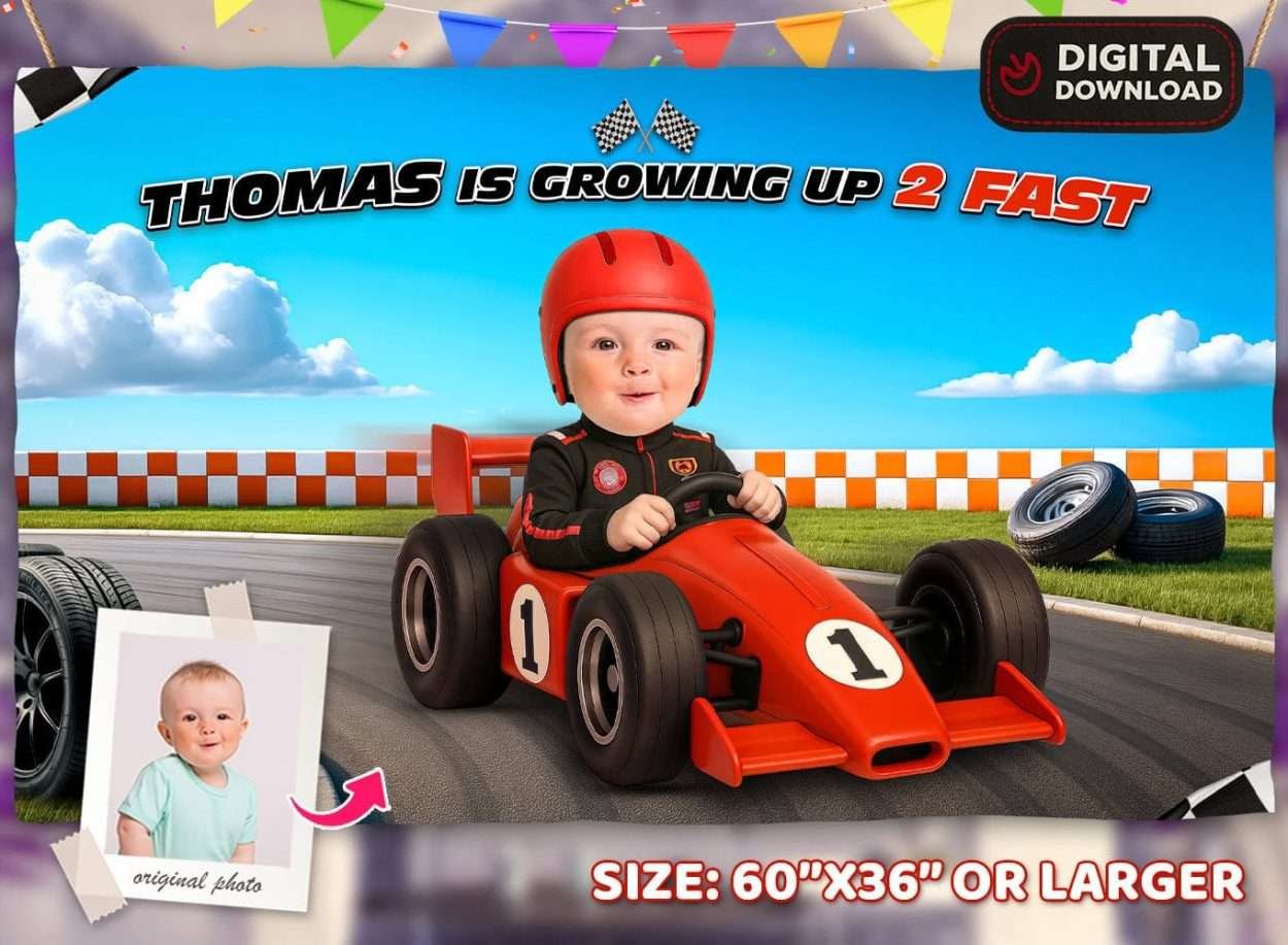 Growing Two Fast Birthday Party Bundle – Personalized Race Car Theme Digital Design Pack – Made to Order File 9 Custom Growing Up 2 Fast Race Car Birthday Banner