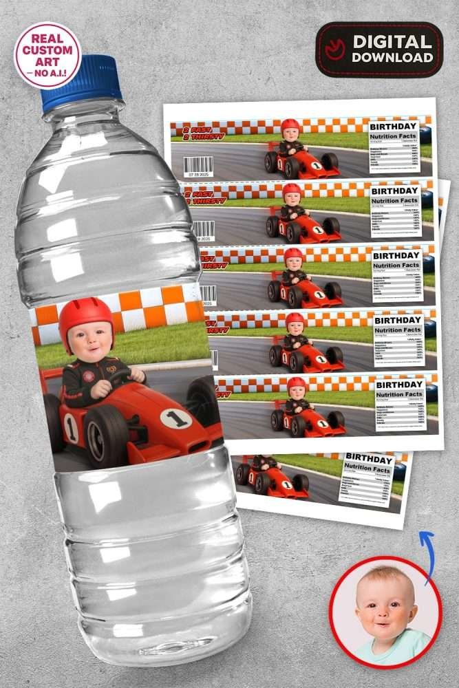 Growing Two Fast Birthday Party Bundle – Personalized Race Car Theme Digital Design Pack – Made to Order File 7 Growing up Two Fast Bottle Label Stickers for 16 oz Water Bottles