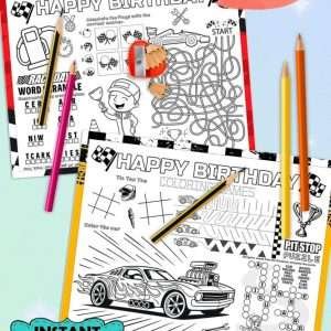 Race Car Coloring & Activity Placemats – Instant Download (Set of 2 Pages)