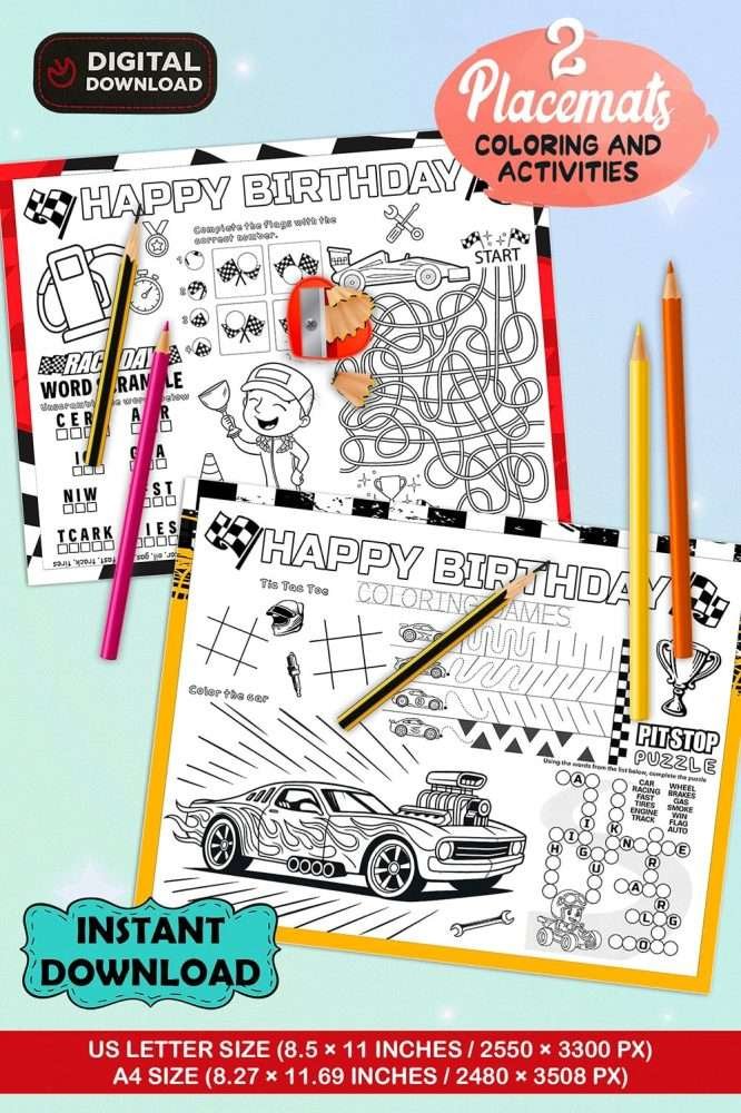 Race Car Coloring & Activity Placemats – Instant Download (Set of 2 Pages) 1 Race Car Coloring & Activity Placemats – Instant Download (Set of 2 Pages)
