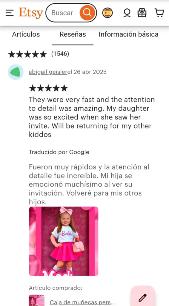 5-star Etsy review about Doll Box invitation from customer in 2025