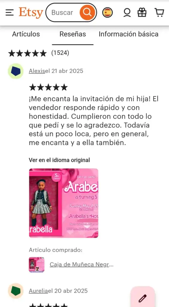 5-star Etsy review about Doll Box invitation from customer in 2025