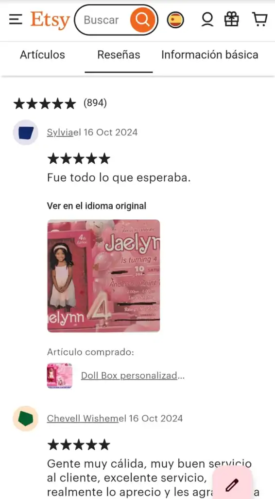 5-star Etsy review about Doll Box invitation from customer in 2025