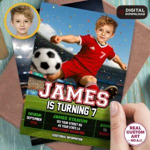 Personalized Soccer Birthday Invitation with Photo – Kids Football Theme – Boys Birthday Invite – Delivered in 24h – Digital File