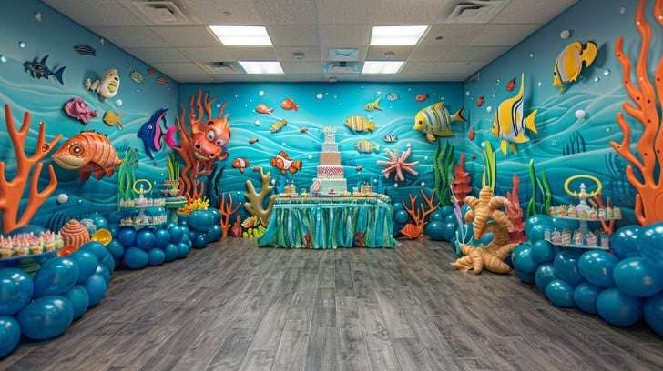 Best First and Second Birthday Party Ideas for Boys and Girls 69 Baby mermaid birthday party table setup with pastel balloons, seashell backdrop, and under-the-sea themed desserts in a horizontal layout.
