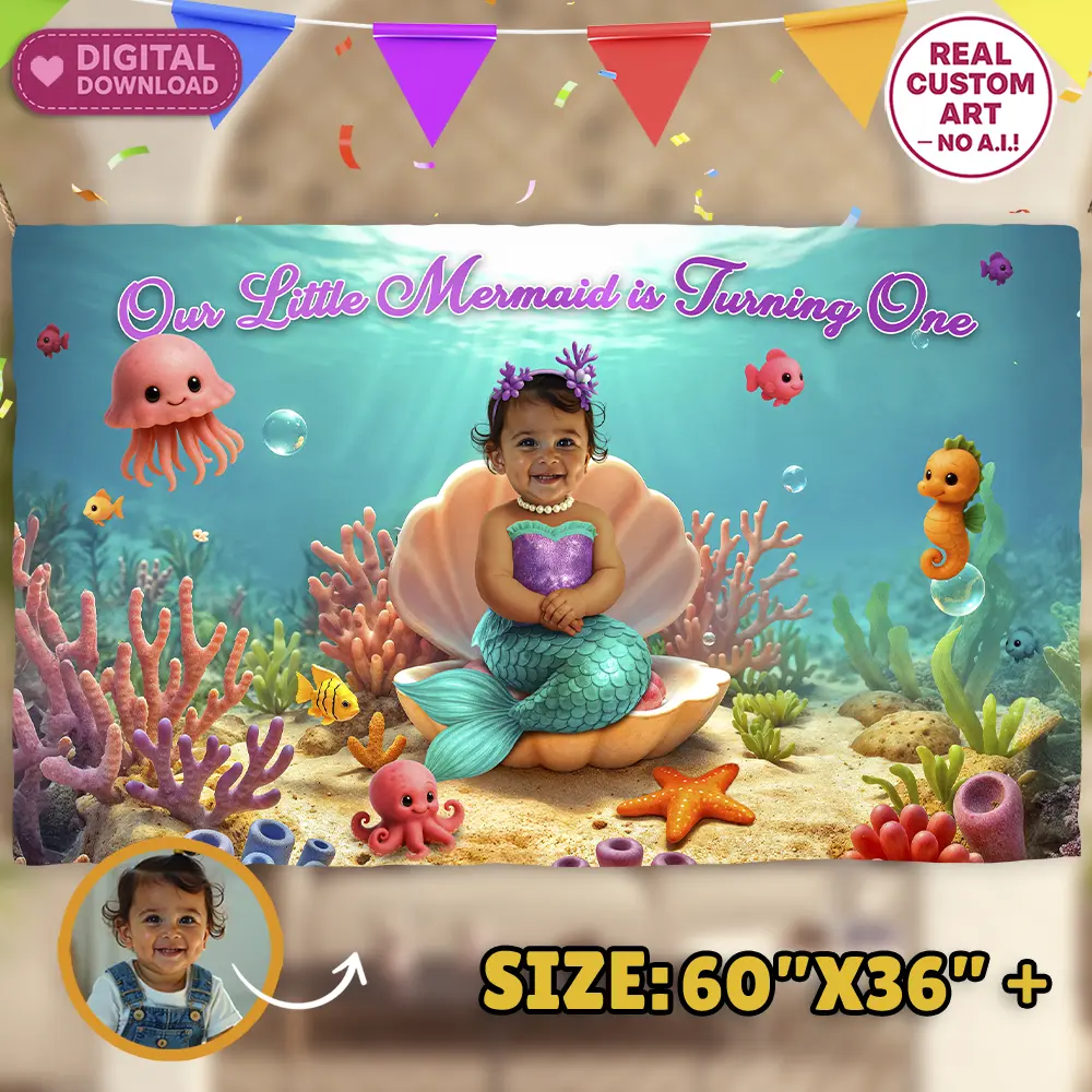 Personalized Baby Mermaid Birthday Banner – Custom Under the Sea Party Decoration With Photo – Delivered in 24h – Digital File 1 Personalized Baby Mermaid Birthday Banner – Custom Under the Sea Party Decoration With Photo – Delivered in 24h – Digital File
