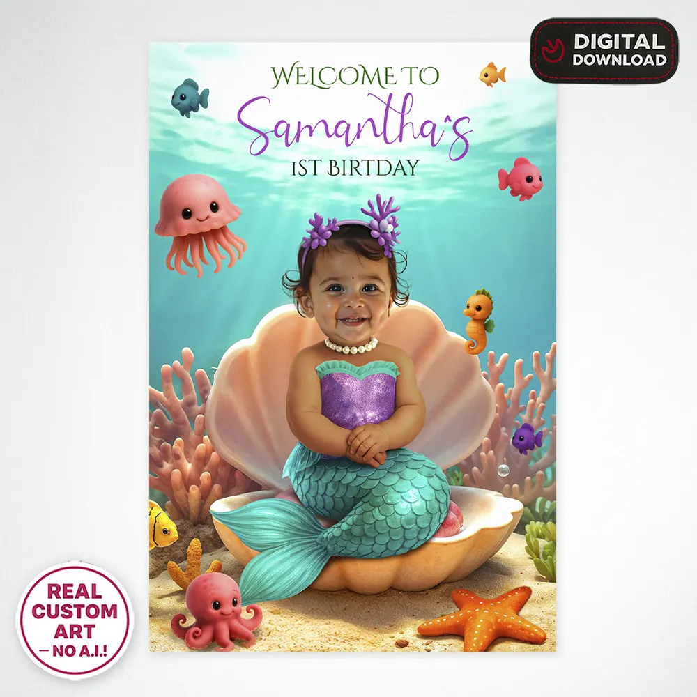 Personalized Baby Mermaid Birthday Welcome Sign – Custom Under the Sea Party Decoration With Photo – Delivered in 24h – Digital File 4 Personalized Baby Mermaid Birthday Welcome Sign – Custom Under the Sea Party Decoration With Photo – Delivered in 24h – Digital File - Image 4