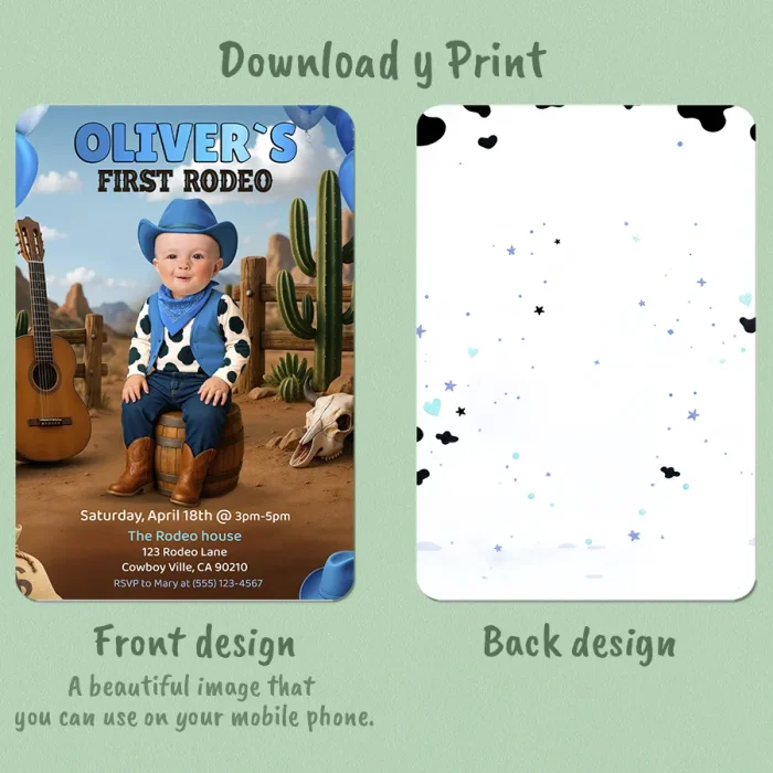 Personalized First Rodeo Photo Birthday Invitation for Boys – Custom Blue Cowboy Party Design – Delivered in 24h – Digital File