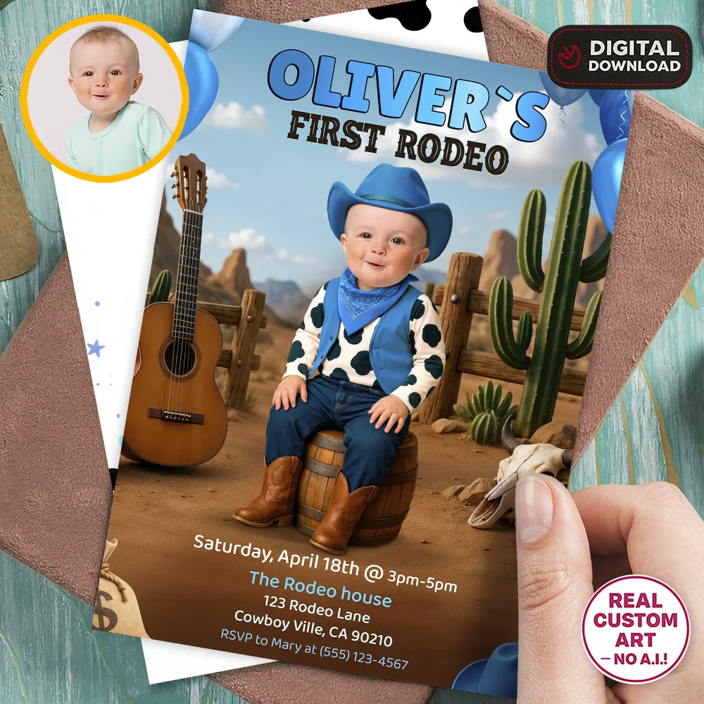 First rodeo birthday invitation for boys with personalized photo