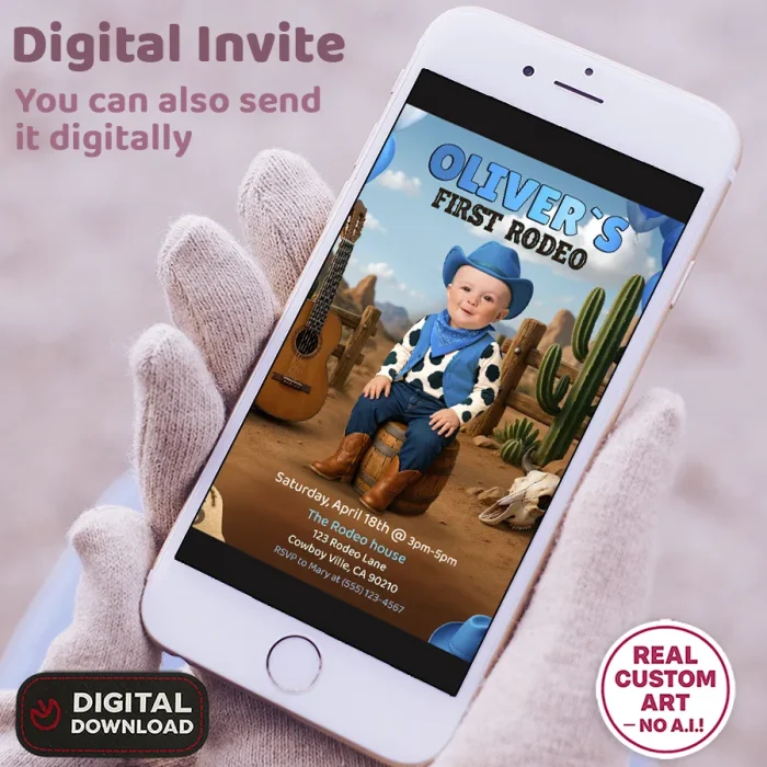 Personalized First Rodeo Photo Birthday Invitation for Boys – Custom Blue Cowboy Party Design – Delivered in 24h – Digital File