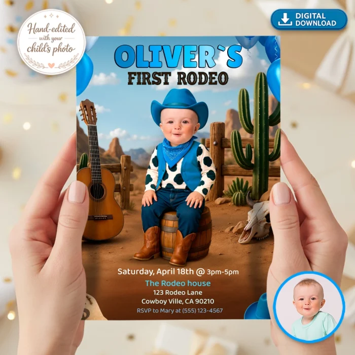 Personalized First Rodeo Birthday Invitation for Boys – Custom Blue Cowboy Party Design – Delivered in 24h – Digital File