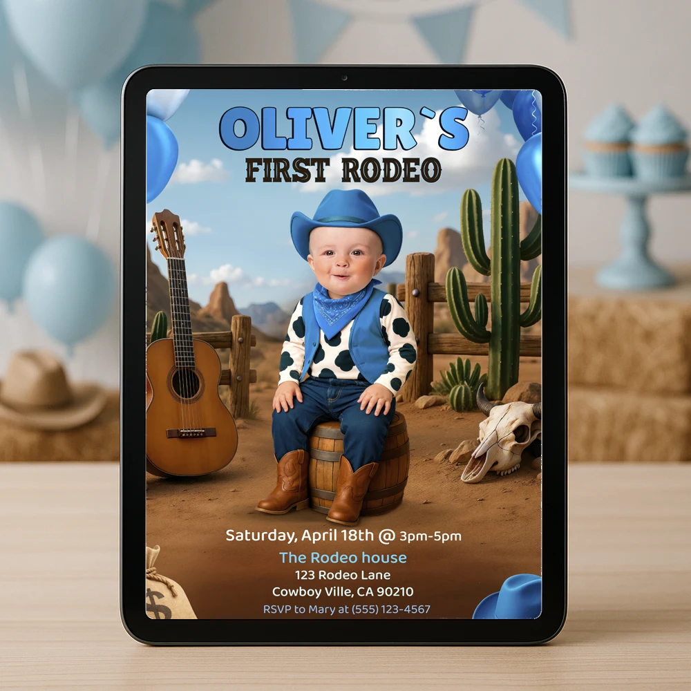 Personalized First Rodeo Birthday Invitation for Boys – Custom Blue Cowboy Party Design – Delivered in 24h – Digital File 6 Personalized First Rodeo Birthday Invitation for Boys – Custom Blue Cowboy Party Design – Delivered in 24h – Digital File