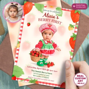 Personalized Sweet Berry Birthday Invitation for Baby Girls – Custom Strawberry Party Design – Made to Order Digital File