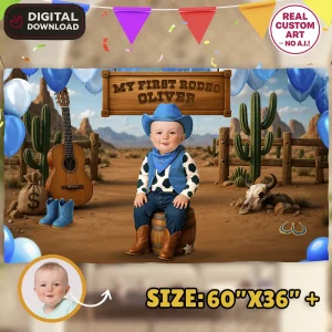 Custom First Rodeo Baby Boy Birthday Banner – Custom Blue Cowboy Party Decoration – Delivered in 24h – Digital File