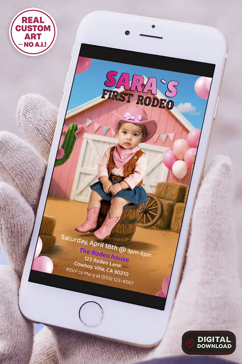 First rodeo birthday invitation for girls with personalized photo