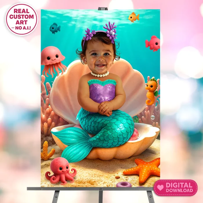 Custom Baby Mermaid Portrait With Photo - delivered in 24h.