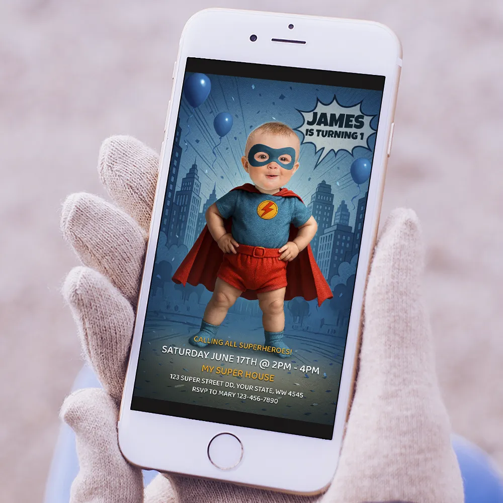 Personalized Superhero Birthday Invitation for Baby – Custom Superhero 1st Party – Delivered in 24h – Digital File 4 Personalized Superhero Birthday Invitation for Baby – Custom Superhero 1st Party – Delivered in 24h – Digital File