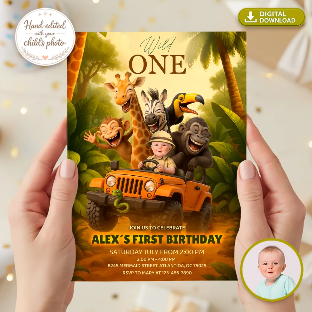 Wild One Jeep Safari Birthday Invitation | Custom Baby Driver Jungle Invite 2 Wild One Jeep Safari Birthday Invitation | Custom Baby Driver Jungle Invite