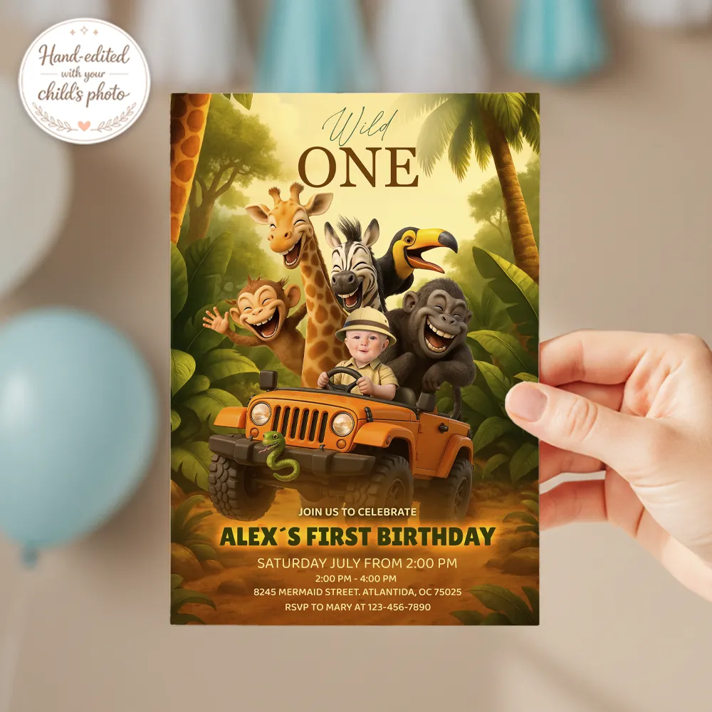 Wild One Jeep Safari Birthday Invitation | Custom Baby Driver Jungle Invite 3 Wild One Jeep Safari Birthday Invitation | Custom Baby Driver Jungle Invite