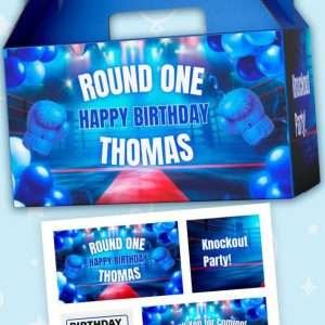 Editable Round One Baby Boxer Digital Sticker Set for Gable Boxes – Boxing Birthday Labels (Canva Template)
