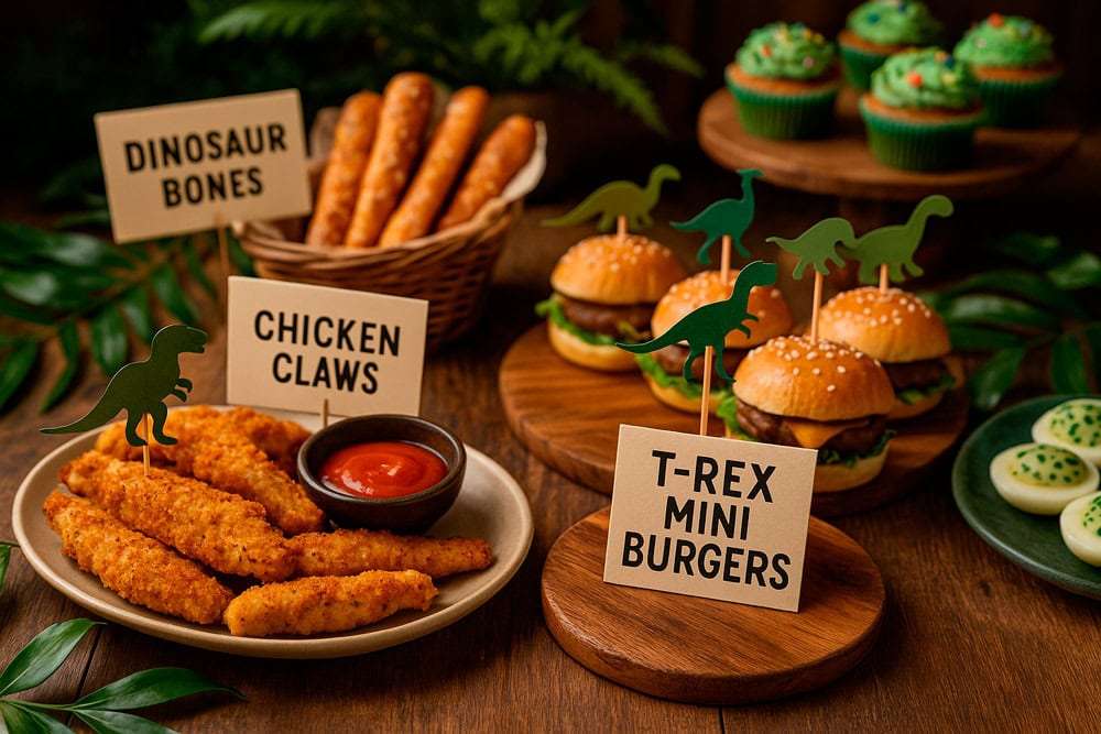 Roaring Fun! How to Organize the Perfect Dinosaur Party for Your Little Explorer 8 Dinosaur party carnivore food ideas including sliders, chicken tenders and eggs