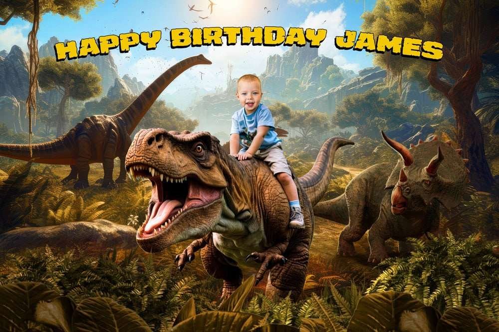 Best First and Second Birthday Party Ideas for Boys and Girls 101 Kids celebrating a dinosaur birthday with photo banner