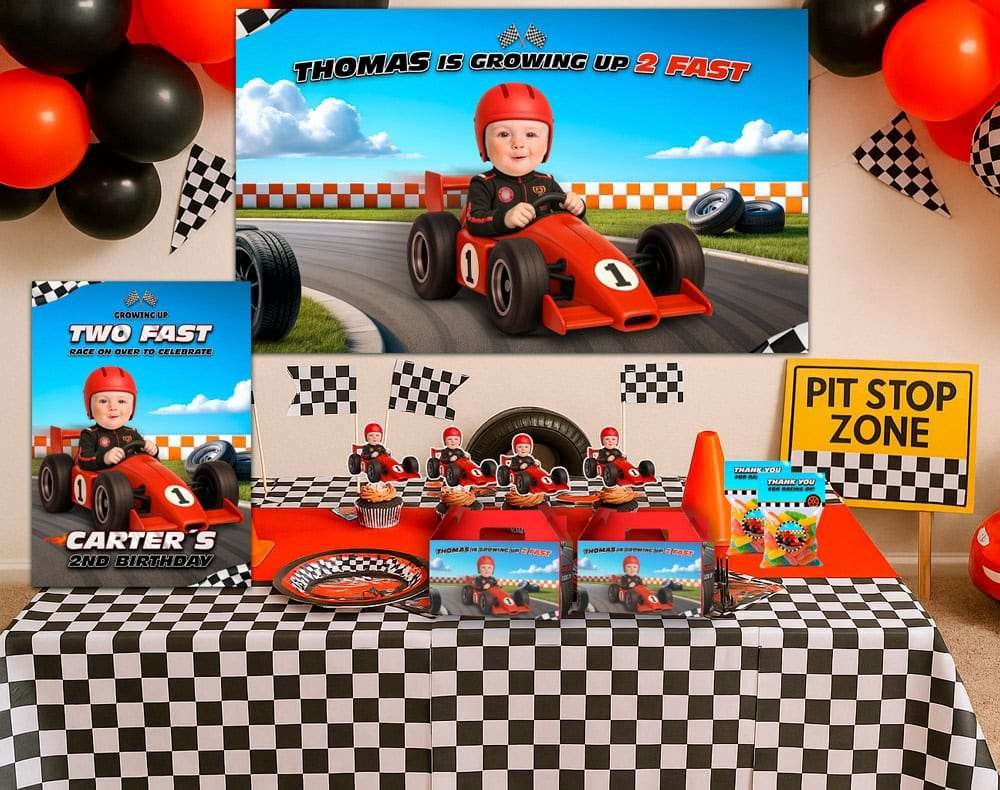Growing Up Two Fast birthday party decoration with custom race theme