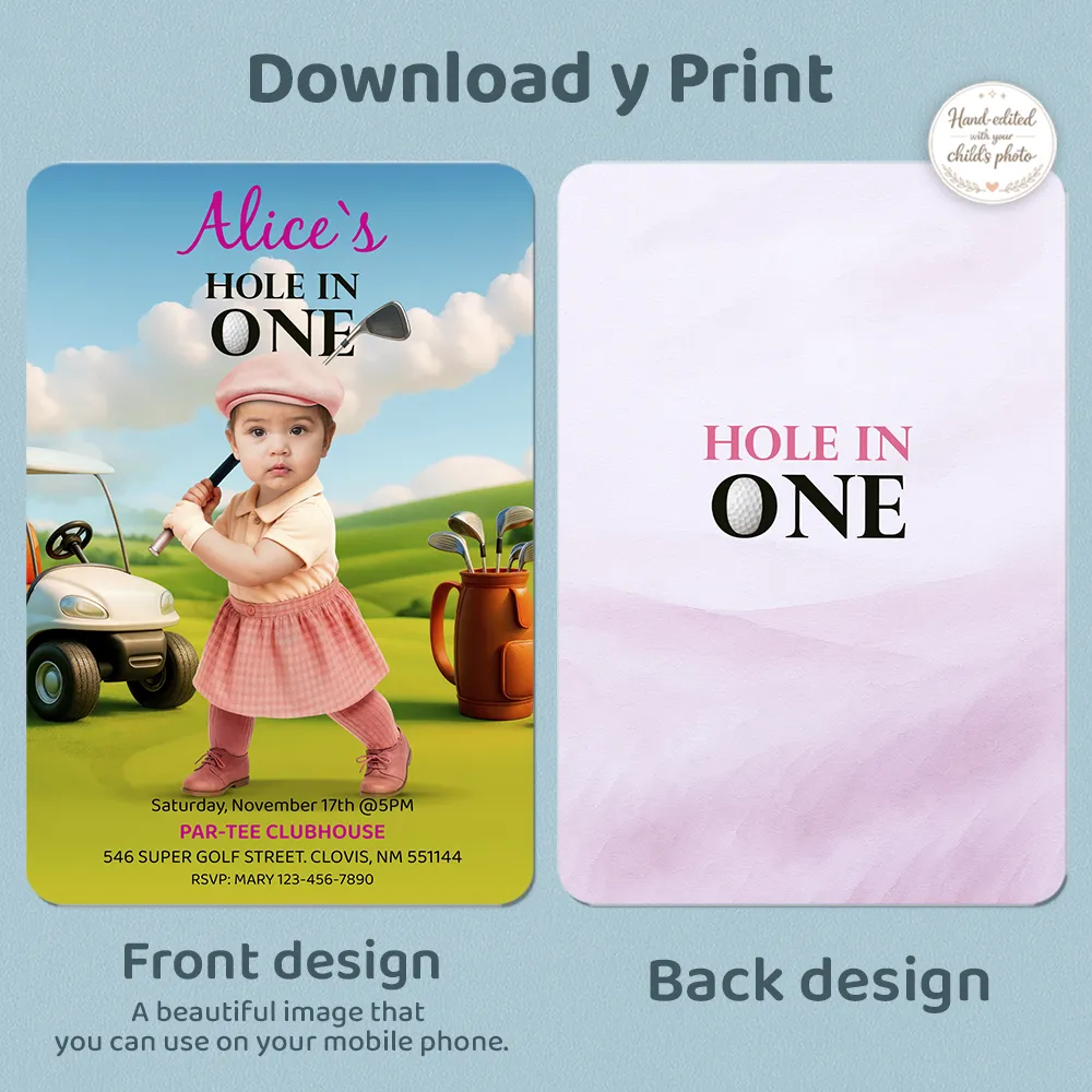 Personalized Golf Birthday Invitation with Photo – Hole in One Theme – 1st Birthday Digital Download for Baby Girl – Delivered in 24h – Digital File 4 Personalized Golf Birthday Invitation with Photo