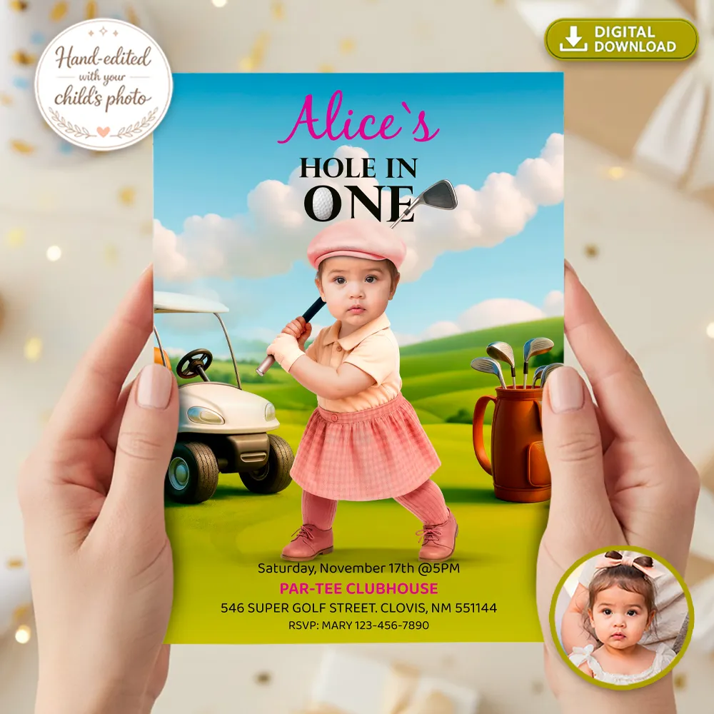 Personalized Golf Birthday Invitation with Photo – Hole in One Theme – 1st Birthday Digital Download for Baby Girl – Delivered in 24h – Digital File 2 Personalized Golf Birthday Invitation with Photo