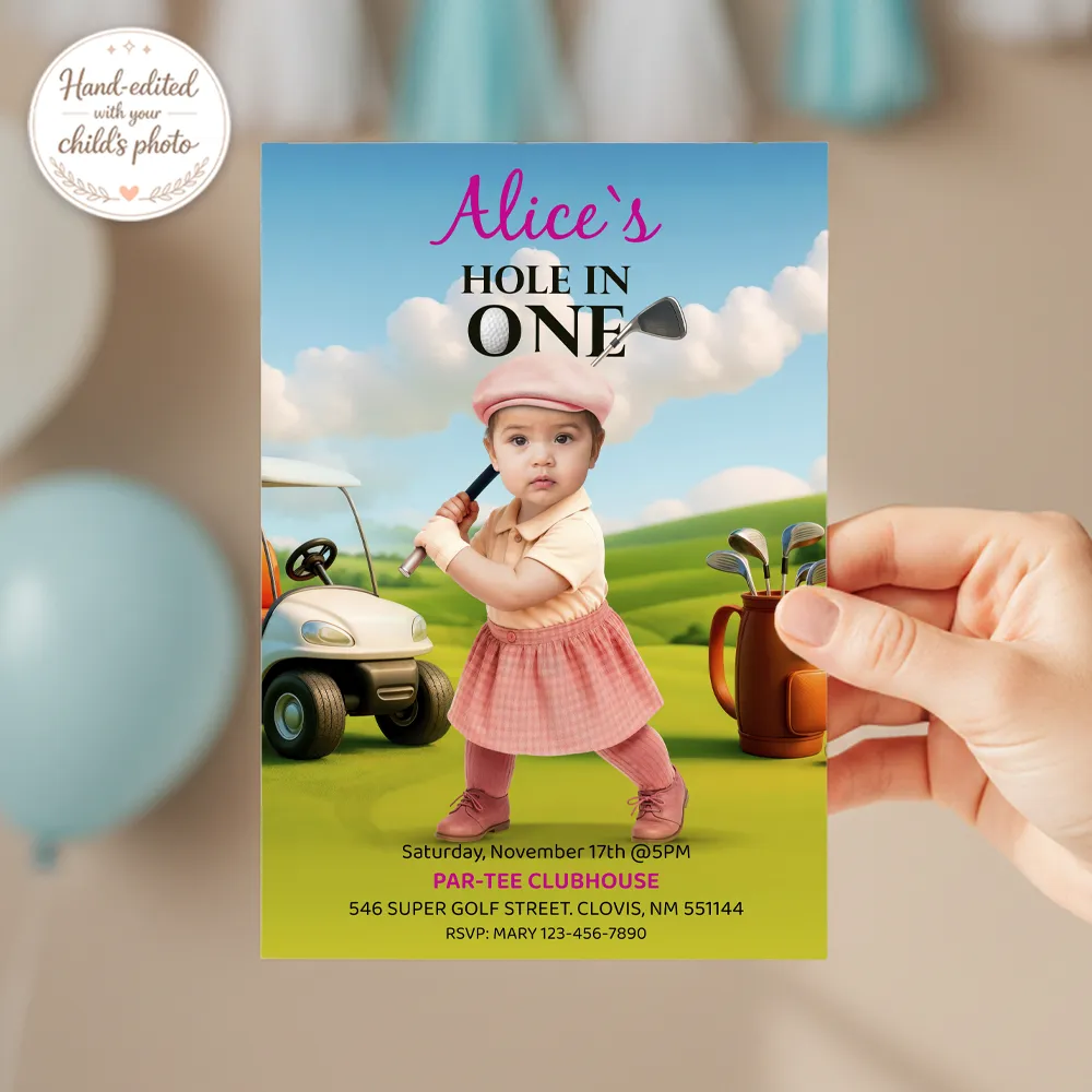 Personalized Golf Birthday Invitation with Photo – Hole in One Theme – 1st Birthday Digital Download for Baby Girl – Delivered in 24h – Digital File 3 Personalized Golf Birthday Invitation with Photo