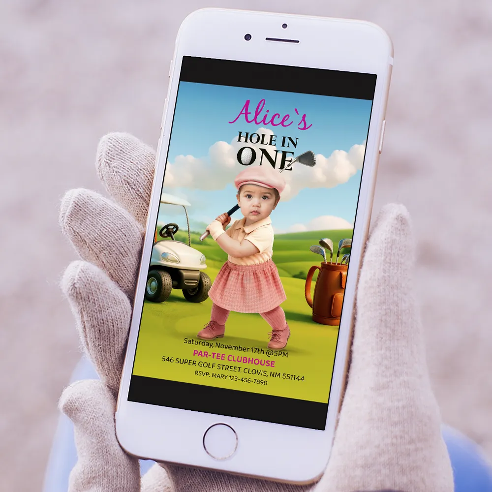 Personalized Golf Birthday Invitation with Photo – Hole in One Theme – 1st Birthday Digital Download for Baby Girl – Delivered in 24h – Digital File 5 Personalized Golf Birthday Invitation with Photo