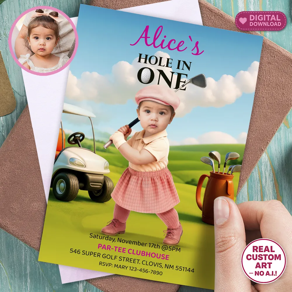 Personalized Golf Birthday Invitation with Photo – Hole in One Theme – 1st Birthday Digital Download for Baby Girl – Delivered in 24h – Digital File 1 Personalized Golf Birthday Invitation with Photo