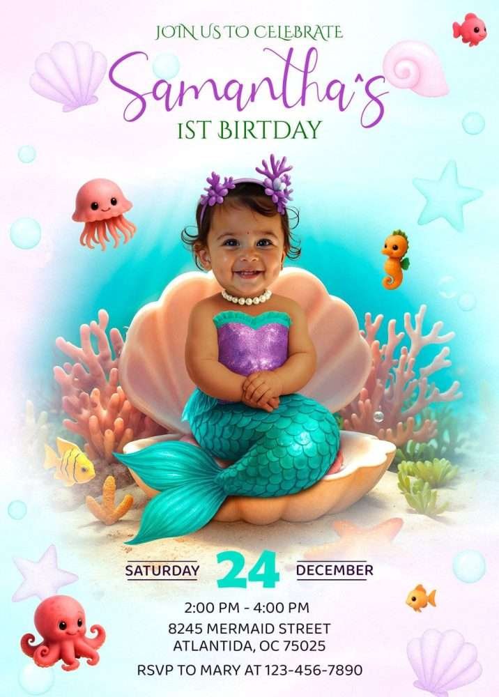 Best First and Second Birthday Party Ideas for Boys and Girls 77 Mermaid birthday invitation with photo for baby girls
