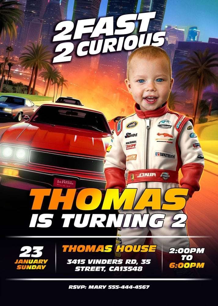 Personalized 2 Fast 2 Curious birthday invitation with photo