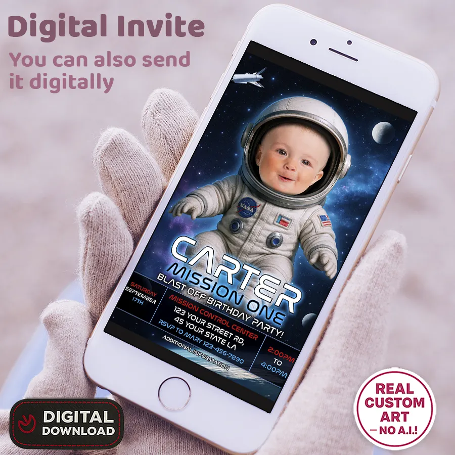 Personalized Mission One Birthday Invitation with Photo – Baby Astronaut Theme – Custom Space Party Design – Delivered in 24h – Digital File 3 Personalized Mission One Birthday Invitation with Photo – Baby Astronaut Theme – Custom Space Party Design – Delivered in 24h – Digital File