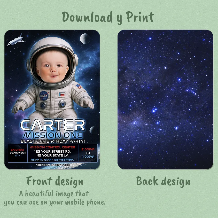 Personalized Mission One Birthday Invitation with Photo – Baby Astronaut Theme – Custom Space Party Design – Delivered in 24h – Digital File 2 Personalized Mission One Birthday Invitation with Photo – Baby Astronaut Theme – Custom Space Party Design – Delivered in 24h – Digital File - Image 2