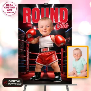 Personalized Red Boxing Birthday Welcome Sign – Round One Baby Boxer Theme – Custom Party Decoration – Delivered in 24h – Digital File