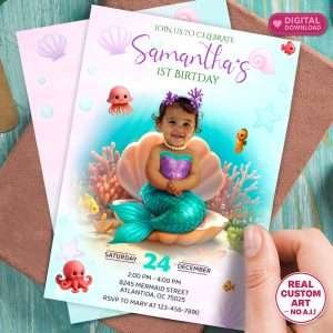 Custom Baby Mermaid Photo Birthday Invitation
