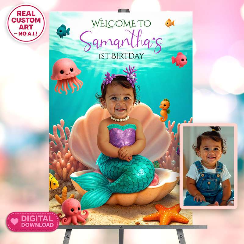 Personalized Baby Mermaid Birthday Welcome Sign – Custom Under the Sea Party Decoration With Photo – Delivered in 24h – Digital File 1 Personalized Baby Mermaid Birthday Welcome Sign – Custom Under the Sea Party Decoration With Photo – Delivered in 24h – Digital File