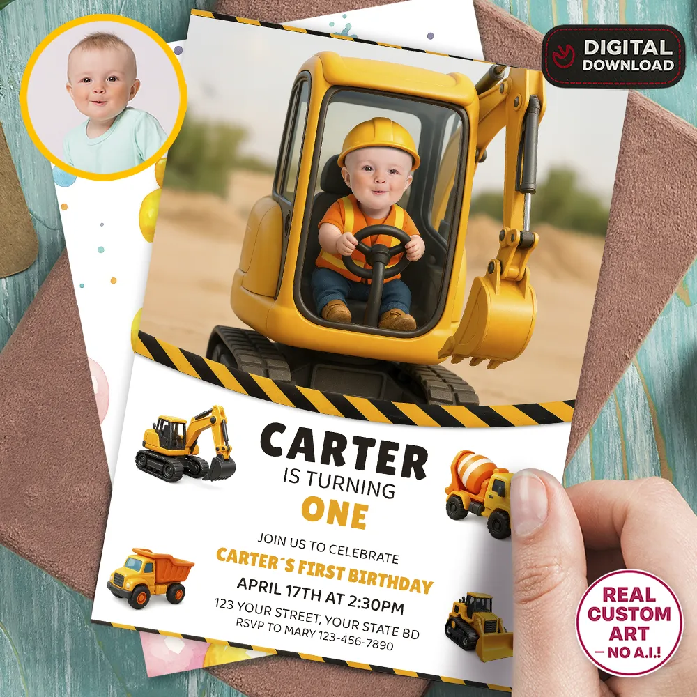 Personalized Baby Construction Birthday Invitation | Custom Dump Truck Photo Invite 1 Personalized Baby Construction Birthday Invitation with Dump Truck