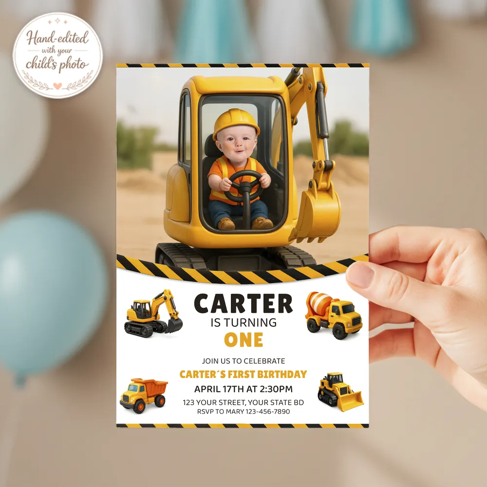 Personalized Baby Construction Birthday Invitation | Custom Dump Truck Photo Invite 4 Personalized Baby Construction Birthday Invitation with Photo – Custom Builder Party Invitation – Delivered in 24h – Digital File
