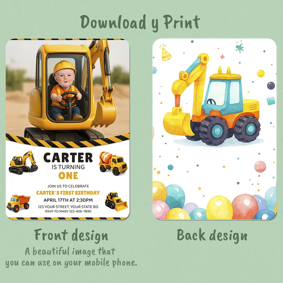 Personalized Baby Construction Birthday Invitation | Custom Dump Truck Photo Invite 6 Personalized Baby Construction Birthday Invitation with Photo – Custom Builder Party Invitation – Delivered in 24h – Digital File