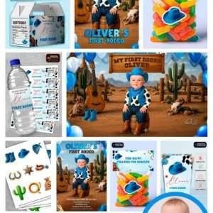First Rodeo Blue Birthday Party Bundle – Personalized Western Theme Digital Design Pack – Made to Order File