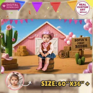 First Rodeo Baby Girl Birthday Banner – Custom Pink Cowgirl Party Decoration With Photo – Delivered in 24h – Digital File
