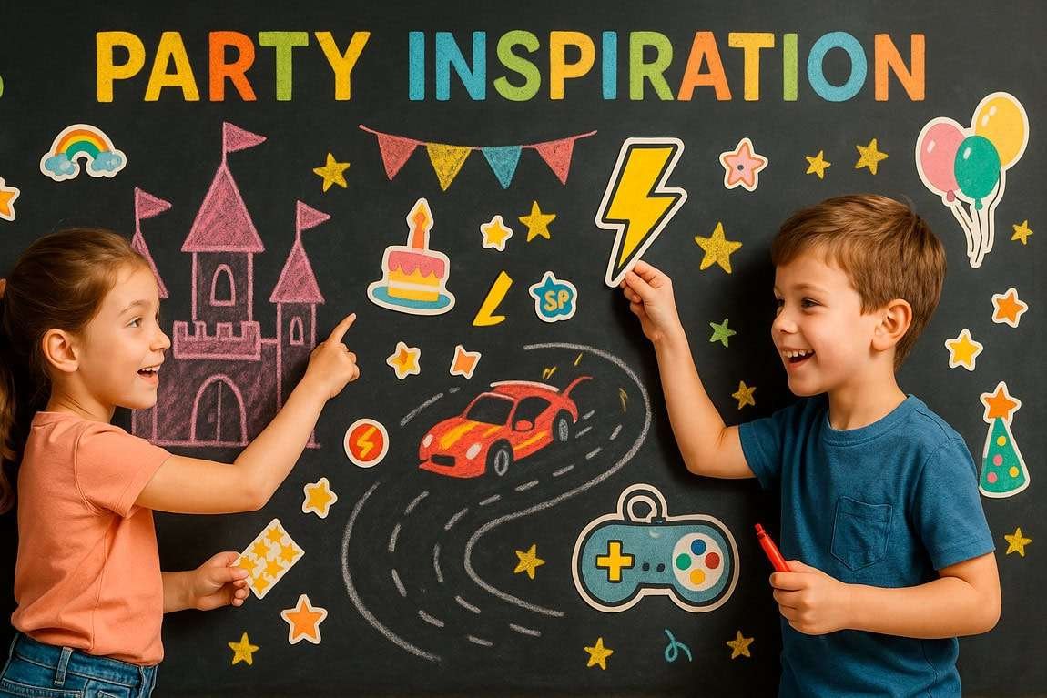Kids planning together, mixing themes like superheroes, princesses, racing or video games