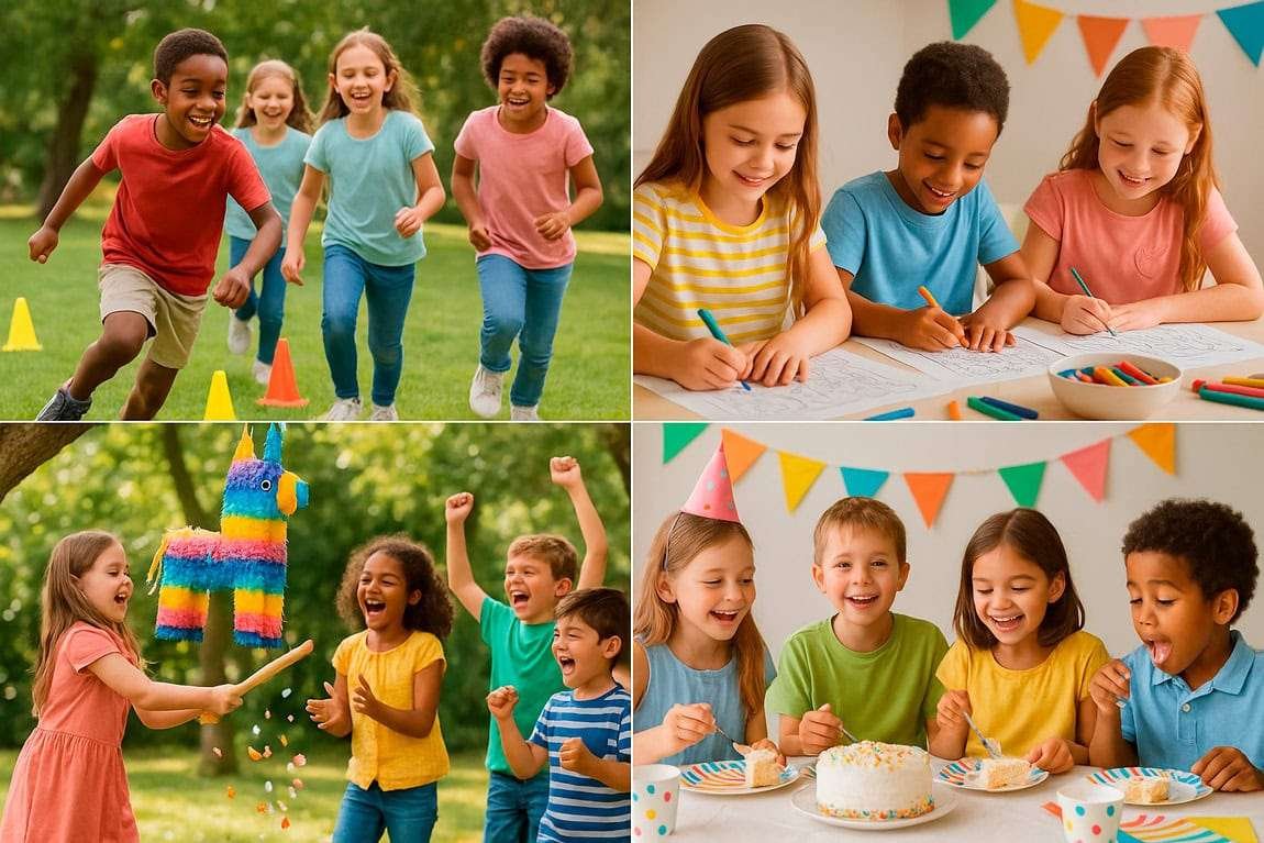 Kids enjoying different activities like treasure hunts and dance games