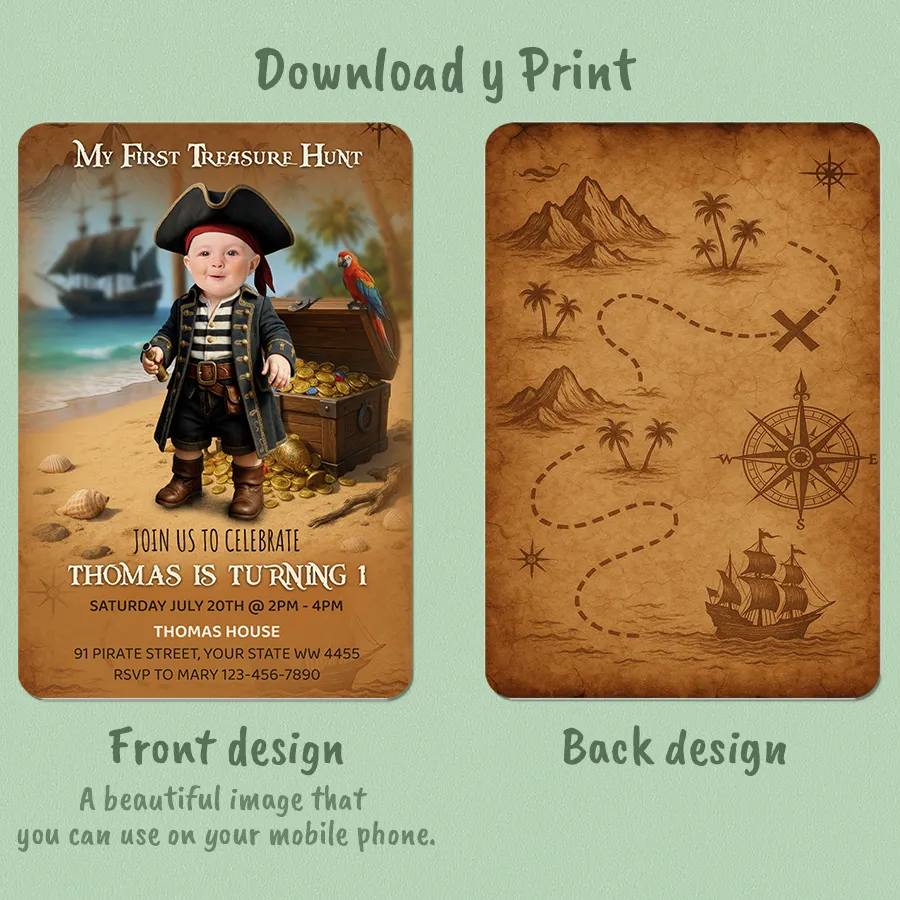 Personalized Pirate Birthday Invitation for Baby – Custom “My First Treasure Hunt” Party Design – Delivered in 24h – Digital File 2 Personalized Pirate Birthday Invitation for Baby – Custom “My First Treasure Hunt” Party Design – Delivered in 24h – Digital File